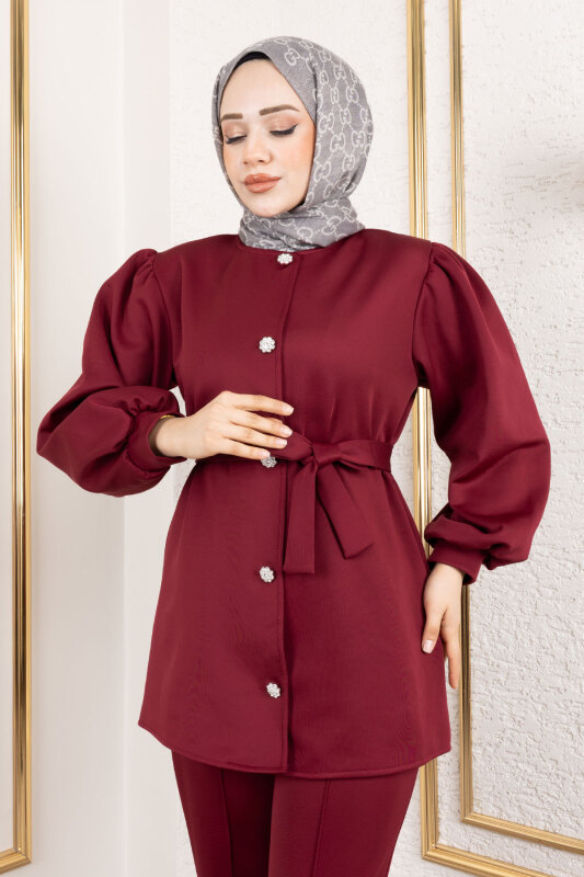 Önden Düğmeli Scuba Takım TSD250133 Bordo - Tesettür Dünyası (1)