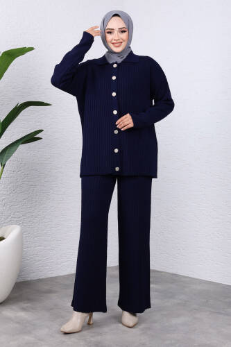 Önden Düğmeli Triko Takım TSD240936 Lacivert - Tesettür Dünyası