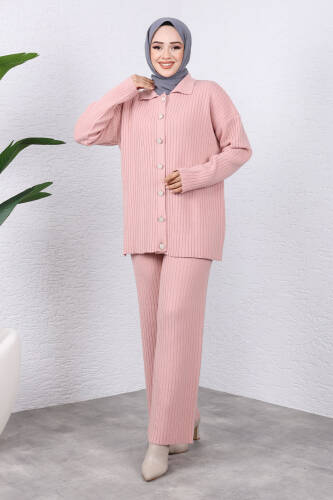 Önden Düğmeli Triko Takım TSD240936 Pudra 