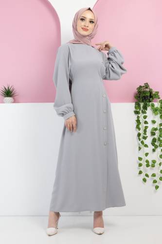 Önden Taşlı Elbise TSD220433 Gri 