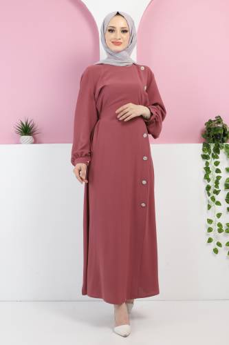 Önden Taşlı Elbise TSD220433 Gül Kurusu 