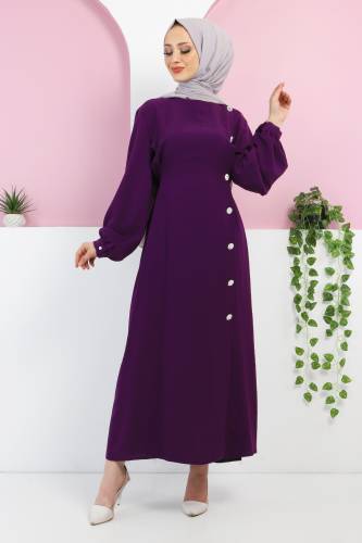 Önden Taşlı Elbise TSD220433 Mürdüm 