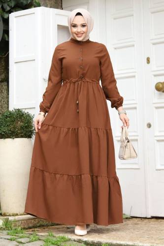 Önden Yarım Düğmeli Tesettür Elbise TSD240229 Kahverengi 
