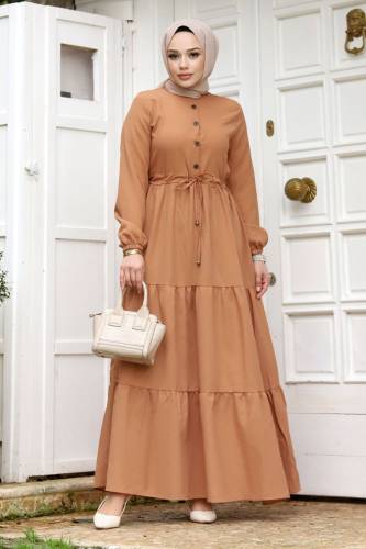 Önden Yarım Düğmeli Tesettür Elbise TSD240229 Taba 