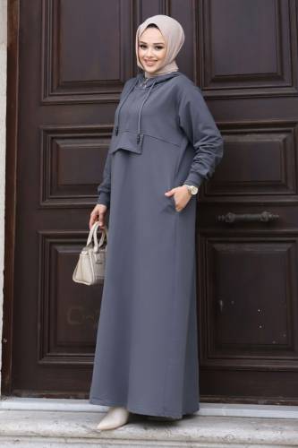 Önden Yarım Fermuarlı Kapüşonlu Spor Elbise TSD240221 Füme 