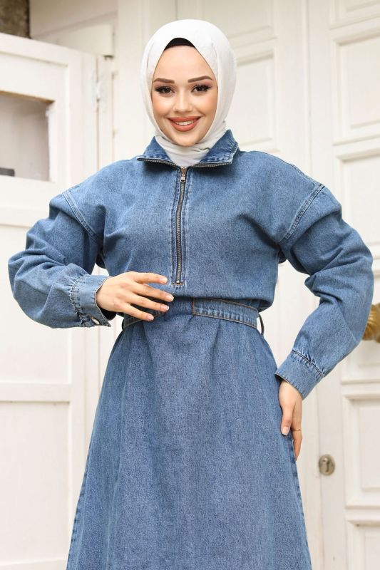 Önden Yarım Fermuarlı Kemerli Kot Elbise TSD240252 Mavi - Tesettür Dünyası (1)