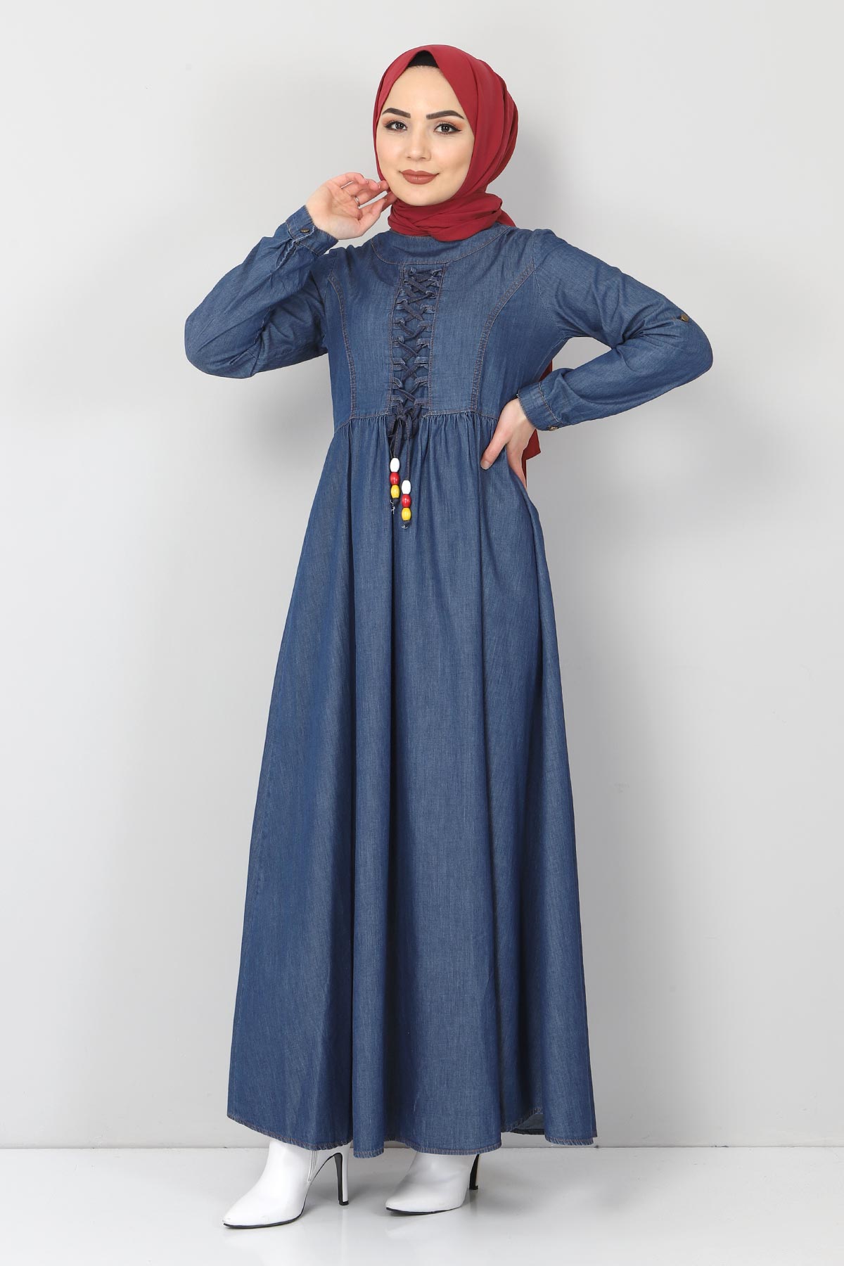 Tesettür Dünyası - Önü Bağcıklı Tesettür Kot Elbise TSD06139 Koyu Mavi