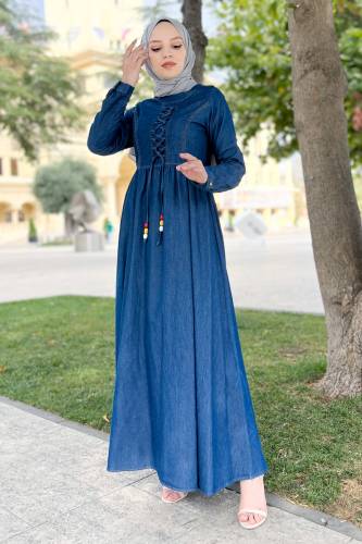 Önü Bağcıklı Tesettür Kot Elbise TSD220833 Koyu Mavi - 4