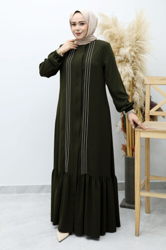 Önü Biyeli Volanlı Tesettür Ferace TSD260143 Haki - Tesettür Dünyası