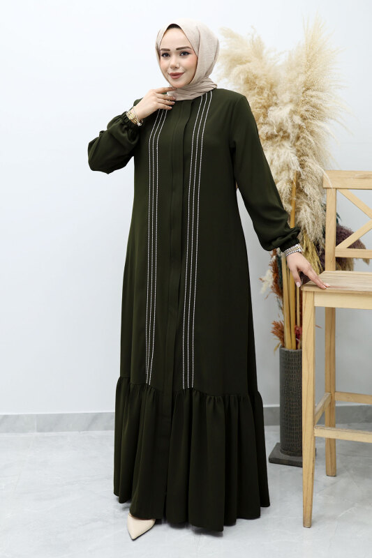 Önü Biyeli Volanlı Tesettür Ferace TSD260143 Haki - Tesettür Dünyası