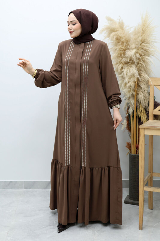 Önü Biyeli Volanlı Tesettür Ferace TSD260143 Kahverengi - Tesettür Dünyası