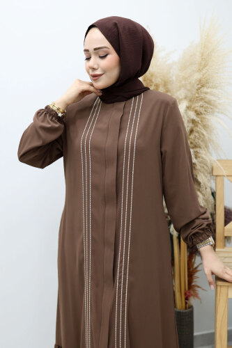 Önü Biyeli Volanlı Tesettür Ferace TSD260143 Kahverengi - Tesettür Dünyası (1)