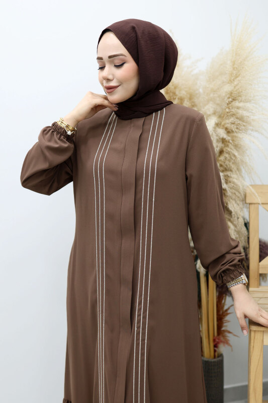 Önü Biyeli Volanlı Tesettür Ferace TSD260143 Kahverengi - Tesettür Dünyası (1)