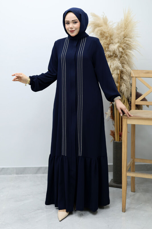Önü Biyeli Volanlı Tesettür Ferace TSD260143 Lacivert - Tesettür Dünyası