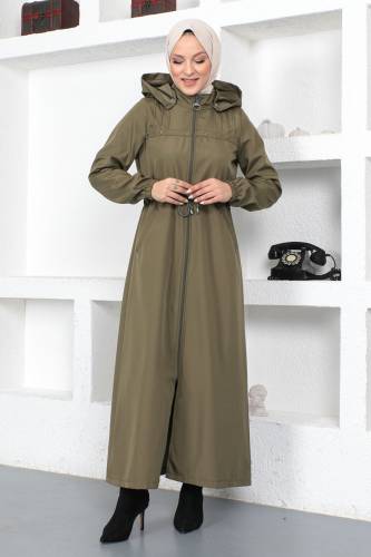 Önü Çakımlı Tam Boy Trençkot TSD230402 Yeşil 