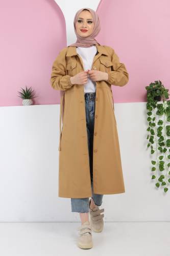Önü Cep Detaylı Trençkot TSD220428 Camel 