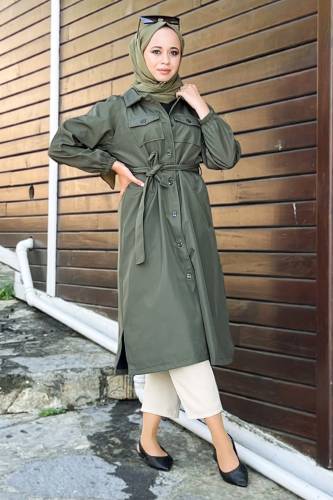 Önü Cep Detaylı Trençkot TSD220428 Haki 