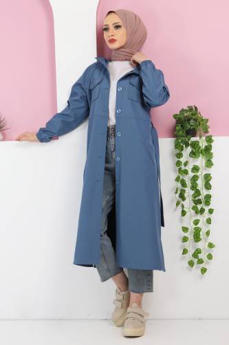 Önü Cep Detaylı Trençkot TSD220428 Mavi 