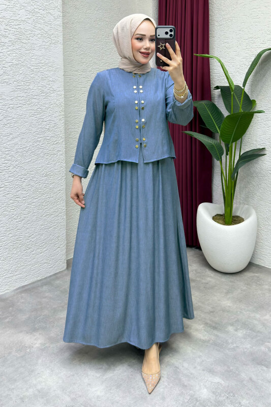 Önü Çıtçıtlı Etekli Takım TSD260204 Açık Mavi - Tesettür Dünyası