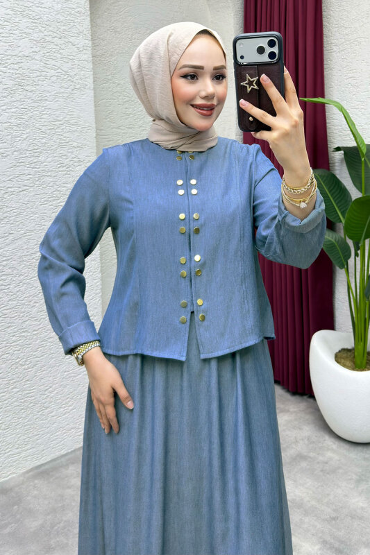 Önü Çıtçıtlı Etekli Takım TSD260204 Açık Mavi - Tesettür Dünyası (1)