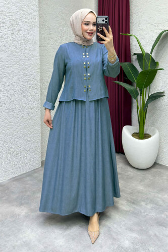 Önü Çıtçıtlı Etekli Takım TSD260204 Açık Mavi - Tesettür Dünyası