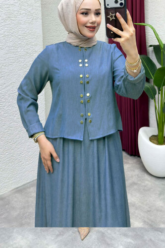 Önü Çıtçıtlı Etekli Takım TSD260204 Açık Mavi - Tesettür Dünyası (1)