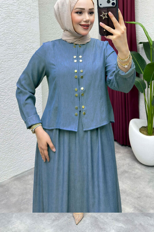 Önü Çıtçıtlı Etekli Takım TSD260204 Açık Mavi - Tesettür Dünyası (1)