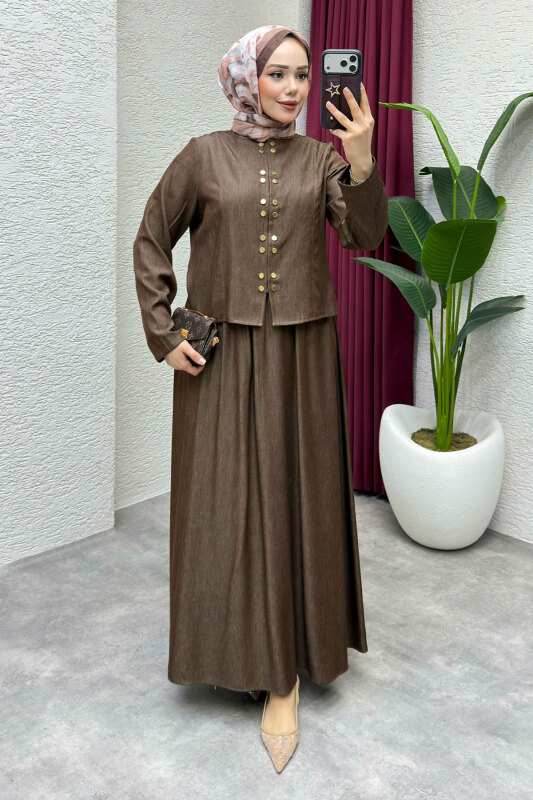 Önü Çıtçıtlı Etekli Takım TSD260204 Kahverengi - Tesettür Dünyası