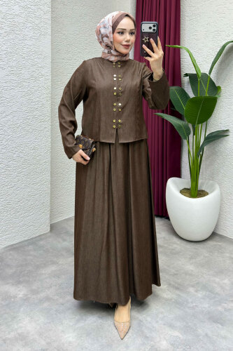 Önü Çıtçıtlı Etekli Takım TSD260204 Kahverengi - 3