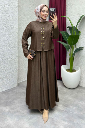 Önü Çıtçıtlı Etekli Takım TSD260204 Kahverengi - 4