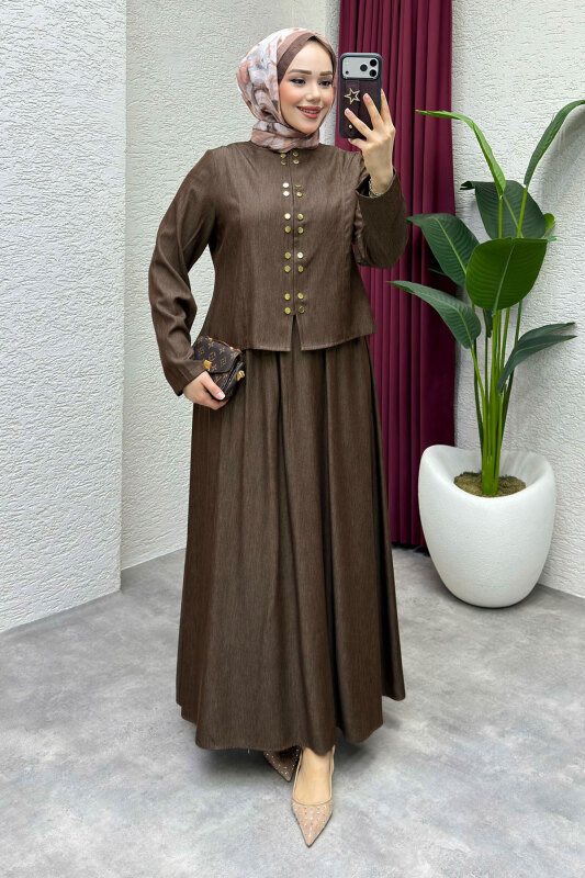 Önü Çıtçıtlı Etekli Takım TSD260204 Kahverengi - 4