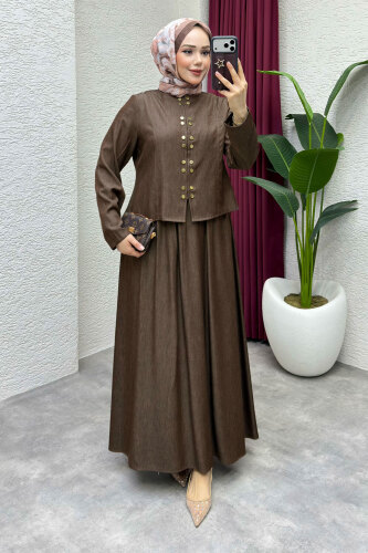 Önü Çıtçıtlı Etekli Takım TSD260204 Kahverengi - Tesettür Dünyası