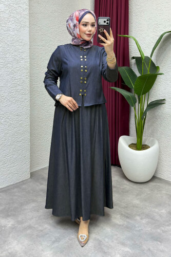 Önü Çıtçıtlı Etekli Takım TSD260204 Koyu Mavi - 3