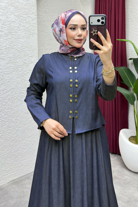 Önü Çıtçıtlı Etekli Takım TSD260204 Koyu Mavi - Tesettür Dünyası (1)