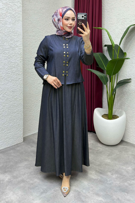 Önü Çıtçıtlı Etekli Takım TSD260204 Koyu Mavi - 4