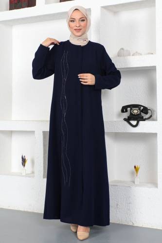 Önü Dalgalı Pul İşlemeli Tesettür Ferace TSD230423 Lacivert 
