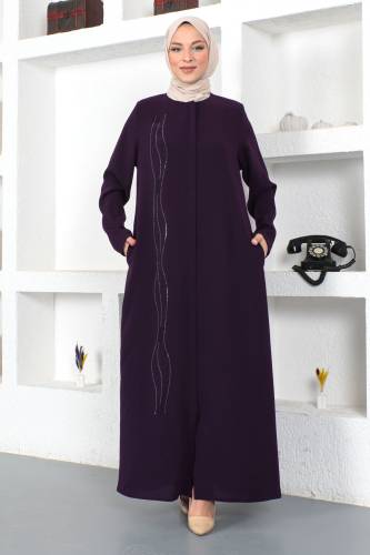 Önü Dalgalı Pul İşlemeli Tesettür Ferace TSD230423 Mürdüm 
