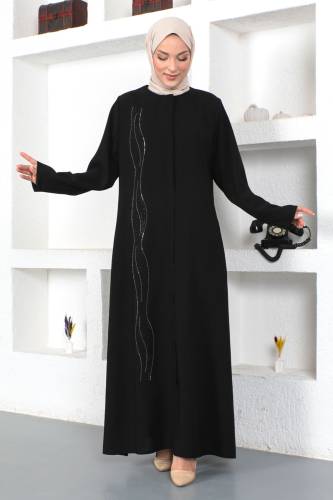 Önü Dalgalı Pul İşlemeli Tesettür Ferace TSD230423 Siyah 