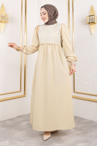 Önü Dantel Detaylı Tesettür Elbise TSD240519 Bej 