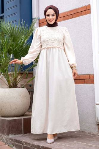 Önü Dantel Detaylı Tesettür Elbise TSD240519 Krem - 1