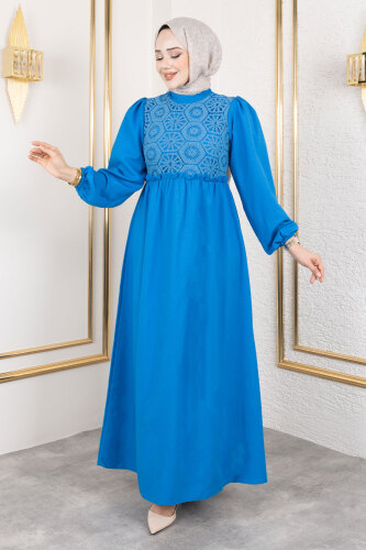 Önü Dantel Detaylı Tesettür Elbise TSD240519 Mavi 