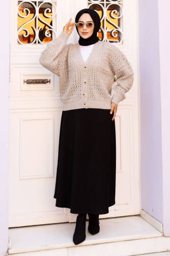 Önü Düğmeli Delikli Triko Hırka TSD240717 Vizon - Tesettür Dünyası