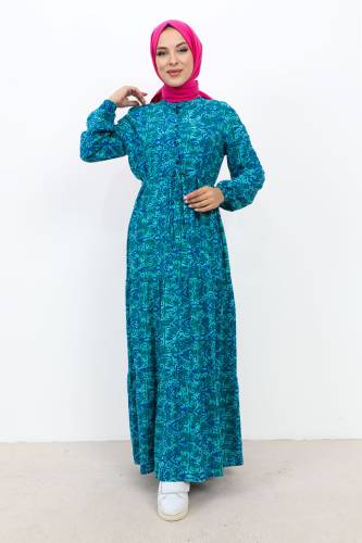 Önü Düğmeli Kat Kat Elbise TSD231104 Mavi 