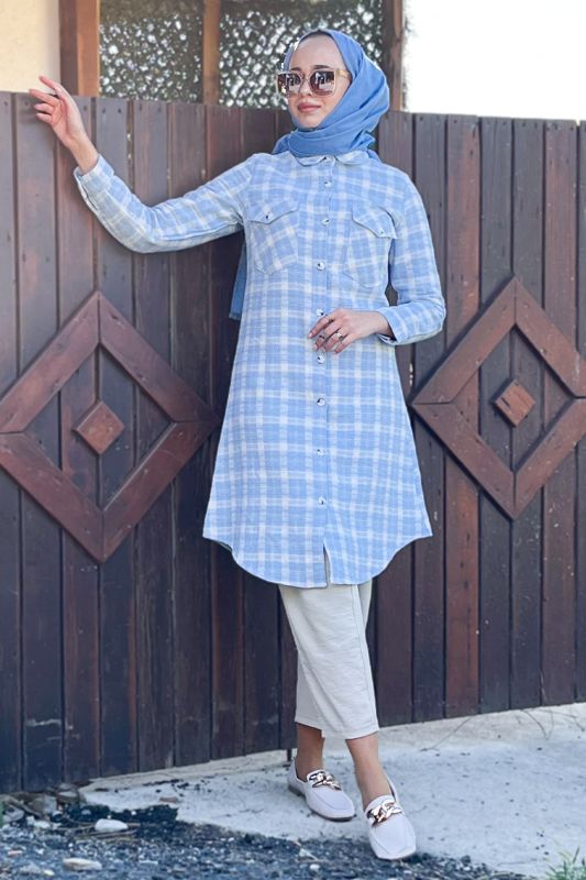 Önü Düğmeli Şanel Gömlek TSD220845 Mavi - 1