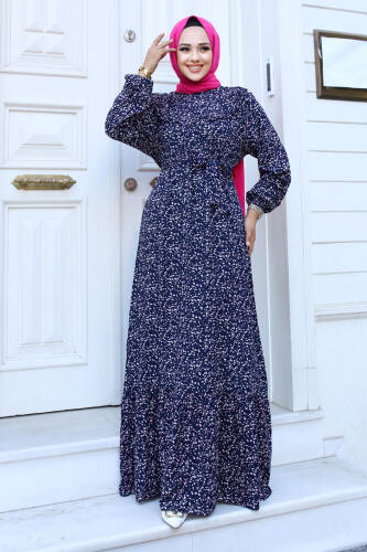 Önü Fırfır Detaylı Çiçekli Viskon Elbise TSD240614 Lacivert 