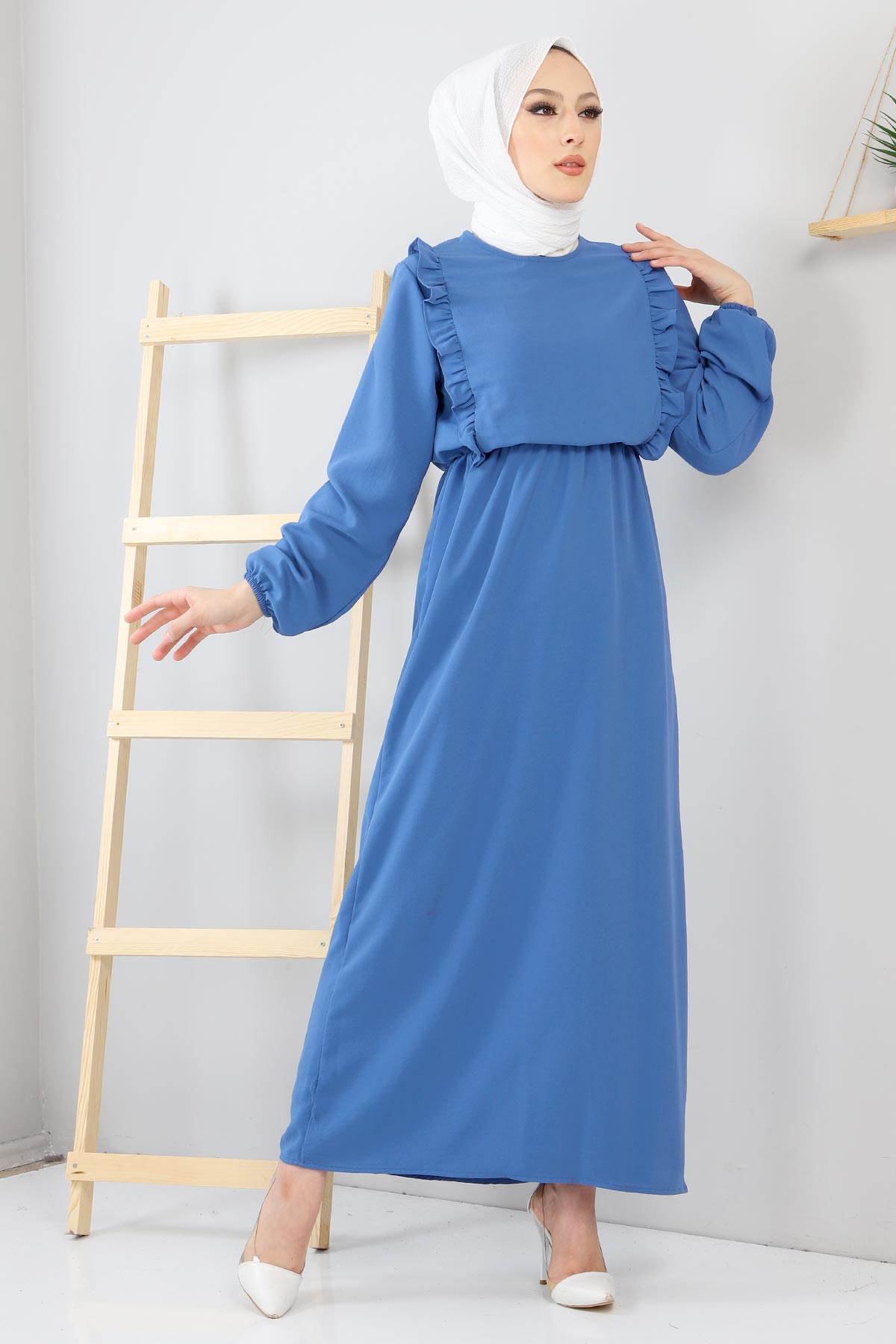 Tesettür Dünyası - Önü Fırfır Detaylı Elbise TSD220123 Mavi