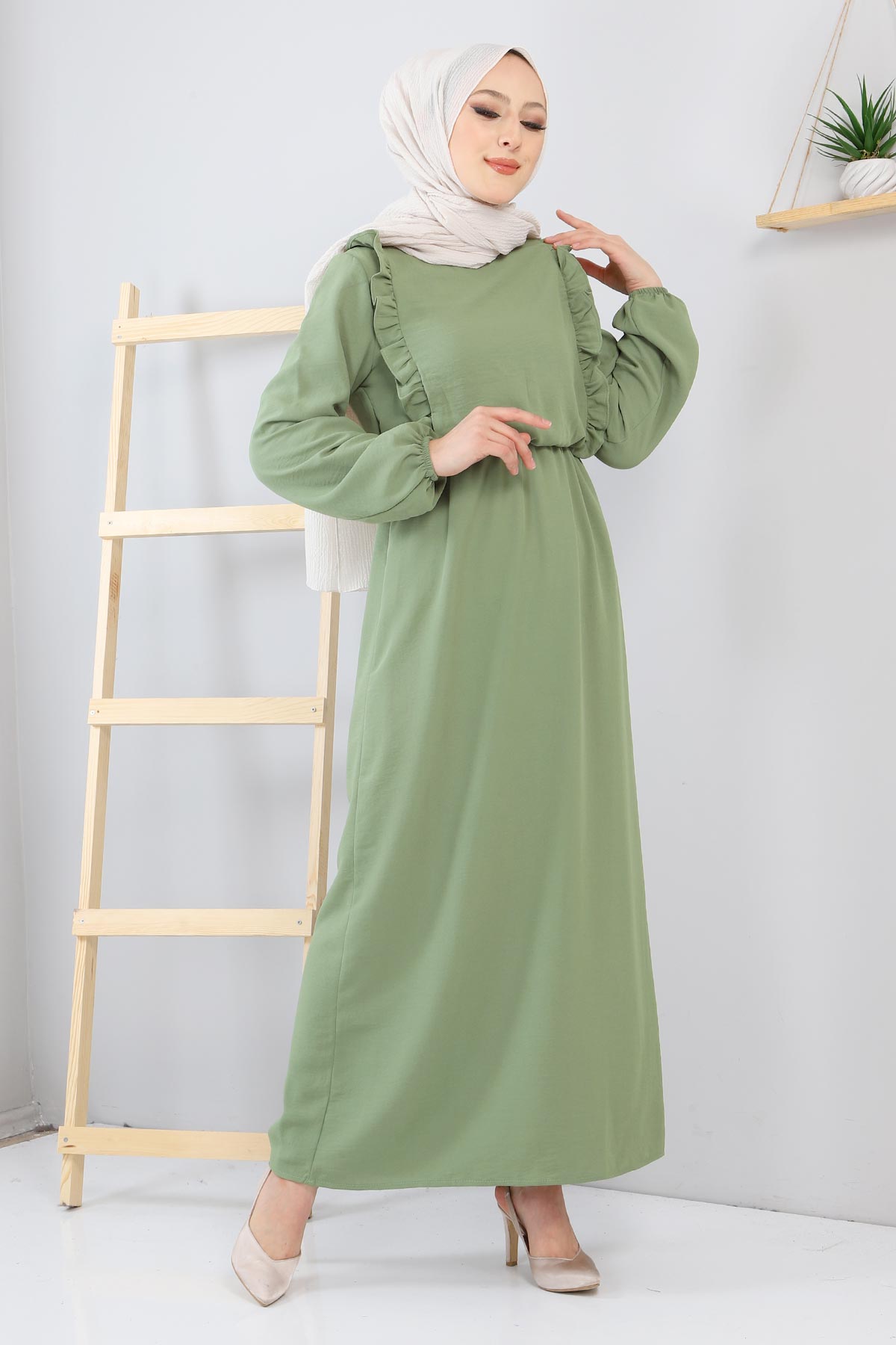 Tesettür Dünyası - فستان مزين من الأمام TSD220123 أخضر