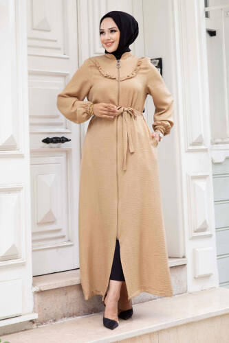 Önü Fırfır Detaylı Fermuarlı Tesettür Ferace TSD240510 Camel - Tesettür Dünyası