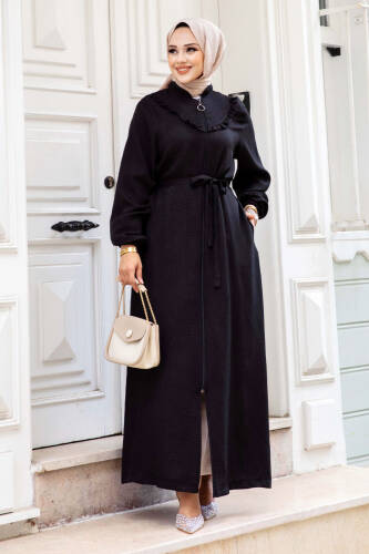 Önü Fırfır Detaylı Fermuarlı Tesettür Ferace TSD240510 Siyah 