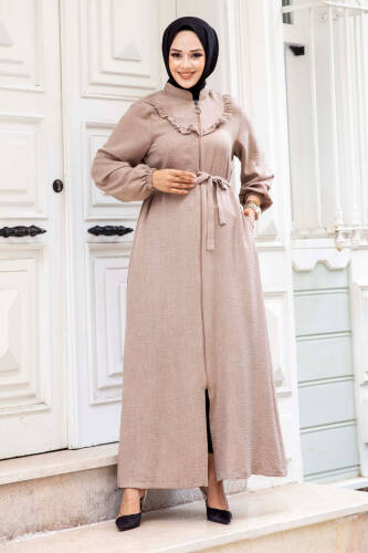 Önü Fırfır Detaylı Fermuarlı Tesettür Ferace TSD240510 Vizon 
